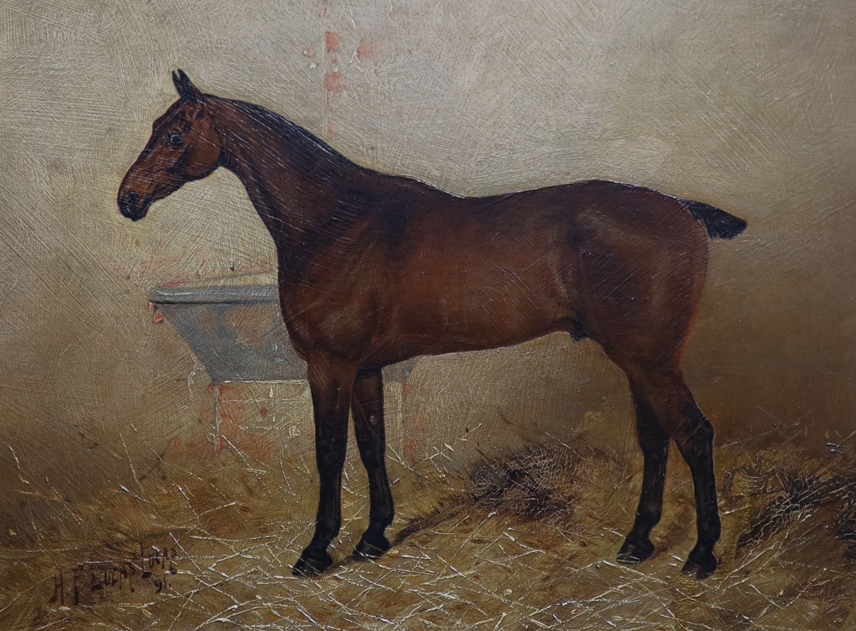 Henry Frederick Lucas-Lucas (1848-1943), Portraits of racehorses in stables, pair of oils on boards, 21 x 29cm